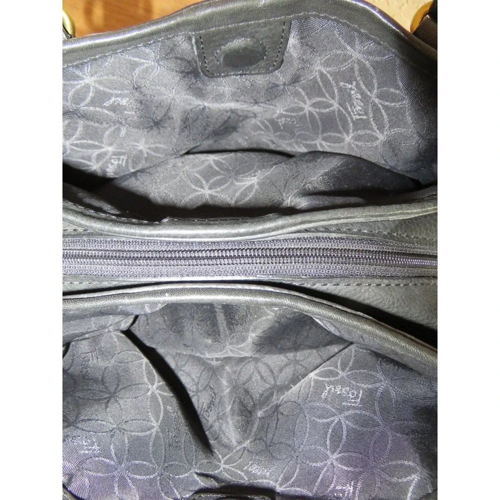 Y2K Fossil Black Pebbled Leather Triple Compartment Shoulder Bag Satchel Brass